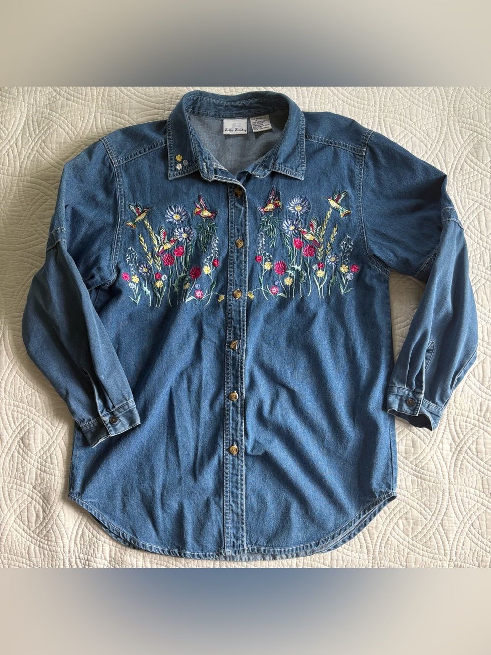 Vintage Denim Floral Embroidered Shirt Medium 100% Cotton